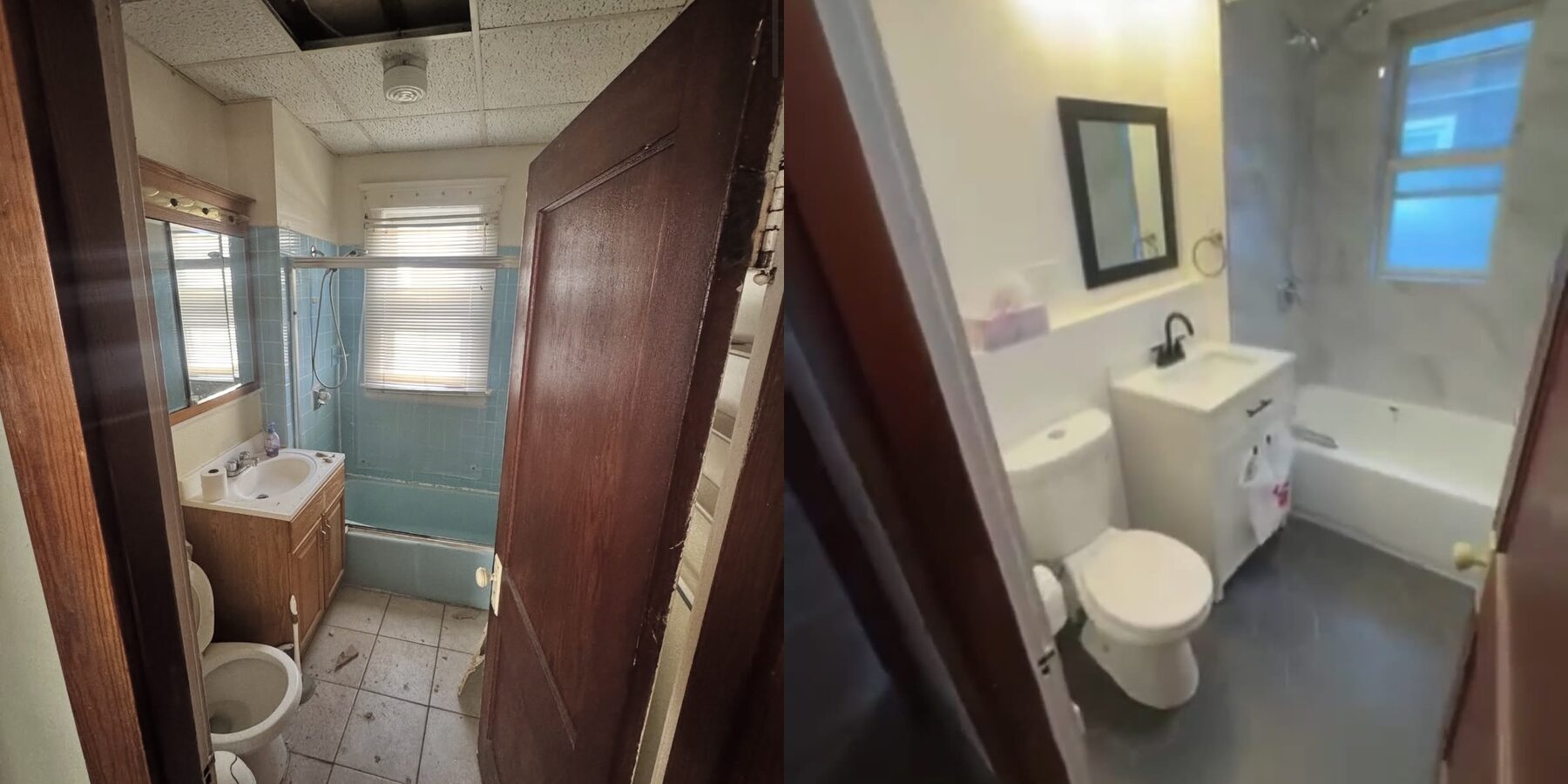 Blue tile bathroom before and after remodel