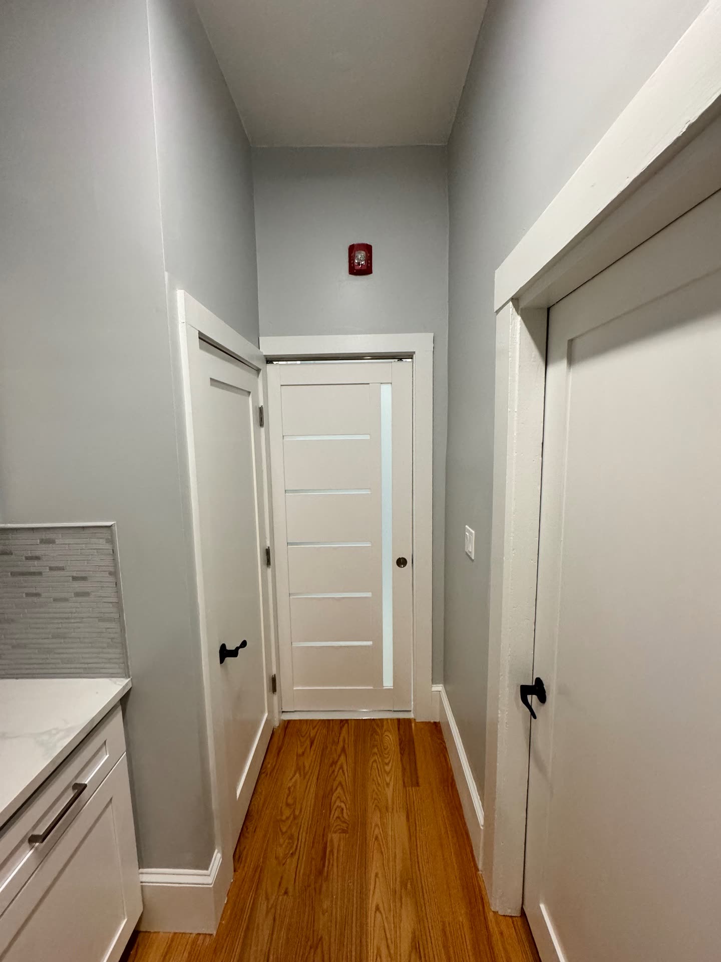 Custom interior doors and trim in painted hallway