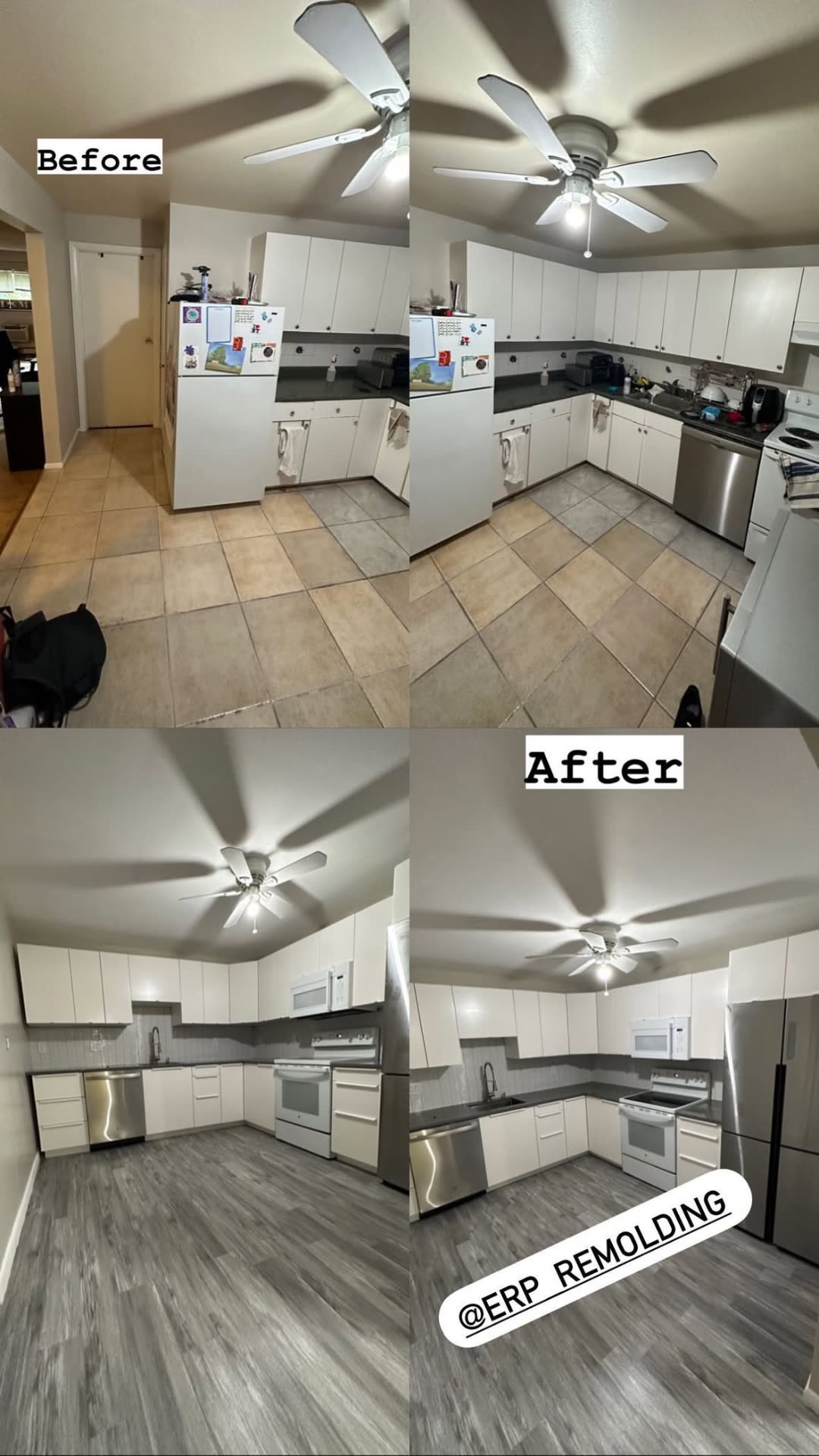 Kitchen with white cabinets and gray vinyl plank flooring